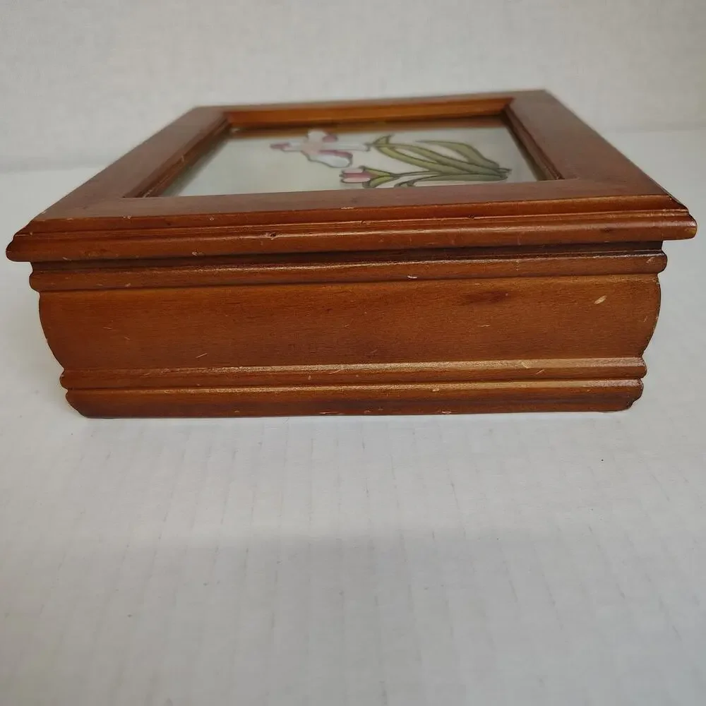 Wood Glass Top Jewelry Box Stained Glass Floral Ring Display Trinket Box